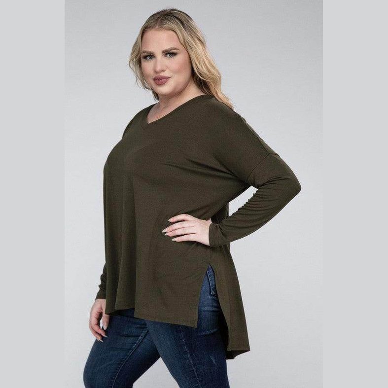 Plus Dolman Sleeve V-Neck Side Slit Hi-Low Hem Top - VacationGrabs