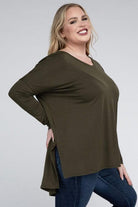 Women's Shirts Plus Dolman Sleeve V-Neck Side Slit Hi-Low Hem Top