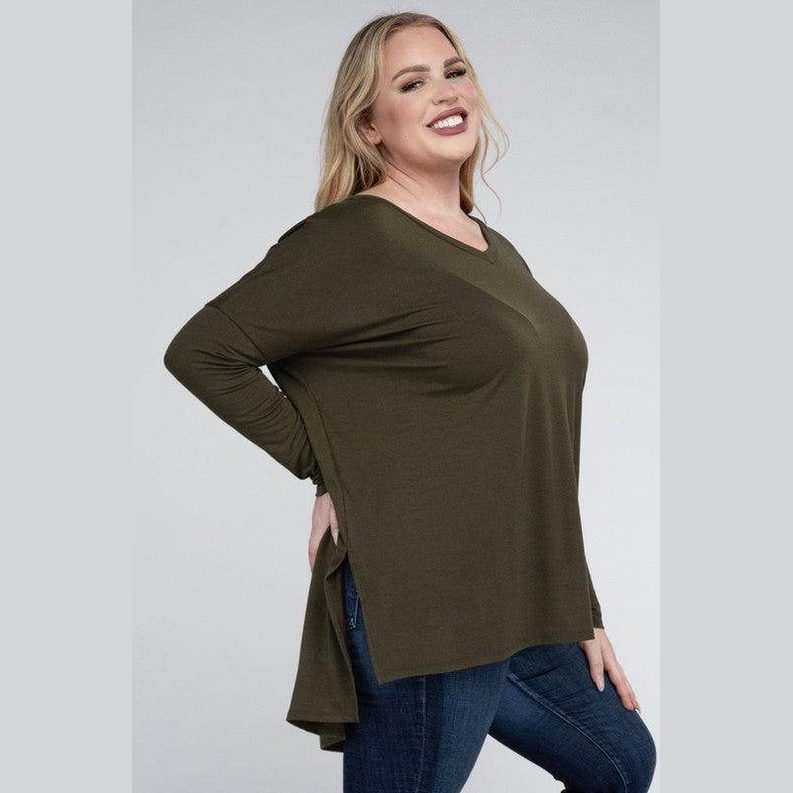 Plus Dolman Sleeve V-Neck Side Slit Hi-Low Hem Top - VacationGrabs