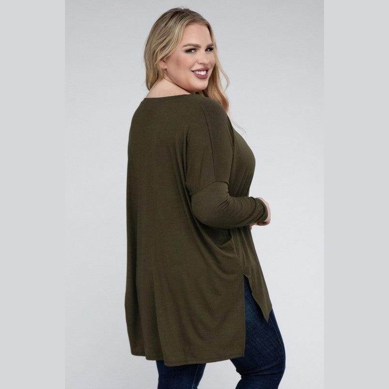 Plus Dolman Sleeve V-Neck Side Slit Hi-Low Hem Top - VacationGrabs