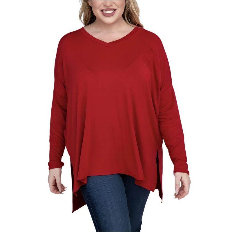 Plus Dolman Sleeve V-Neck Side Slit Hi-Low Hem Top - VacationGrabs