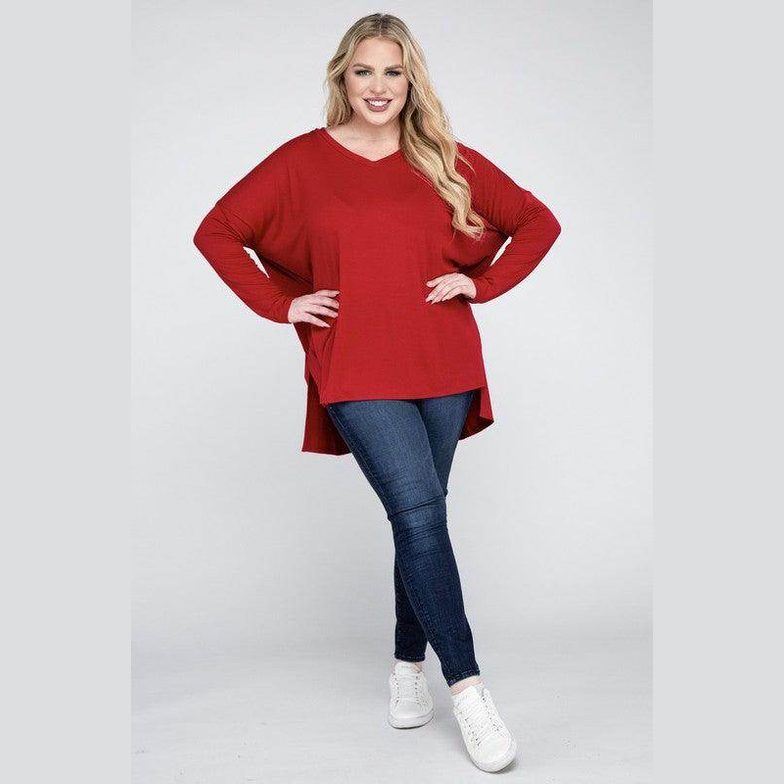 Plus Dolman Sleeve V-Neck Side Slit Hi-Low Hem Top - VacationGrabs