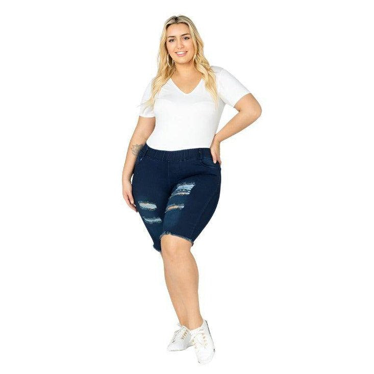 Plus Hi-Waist Distressed Bermuda Short Jeggings - VacationGrabs