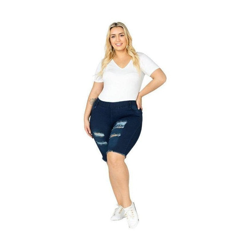 Plus Hi-Waist Distressed Bermuda Short Jeggings - VacationGrabs