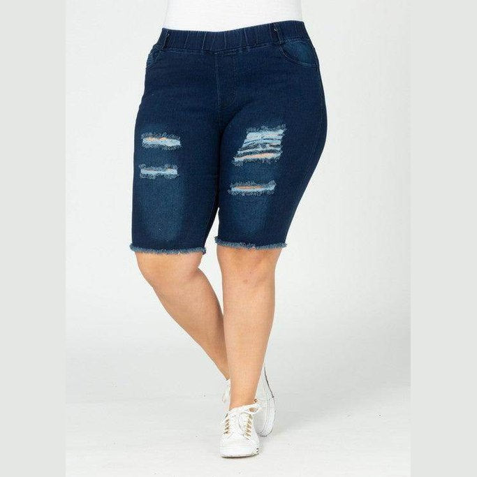 Plus Hi-Waist Distressed Bermuda Short Jeggings - VacationGrabs