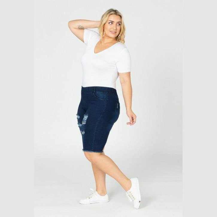 Plus Hi-Waist Distressed Bermuda Short Jeggings - VacationGrabs