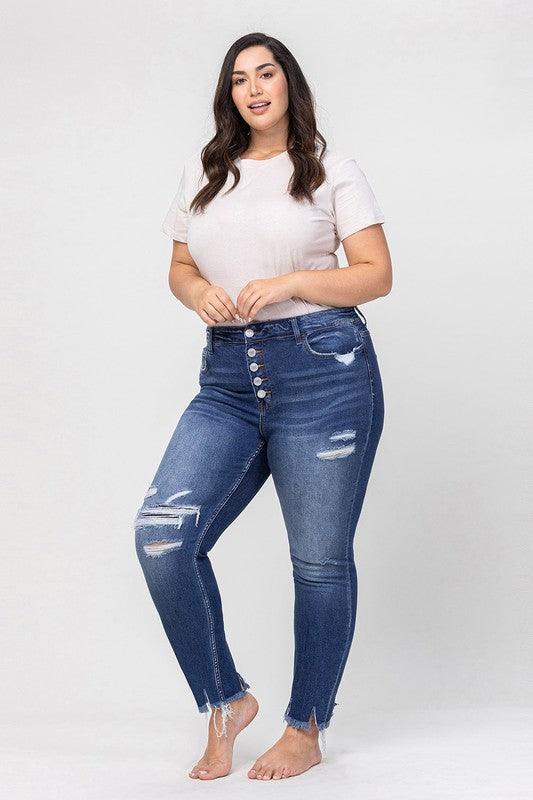 Women's Jeans Plus High Rise Patched Button Up Distressed