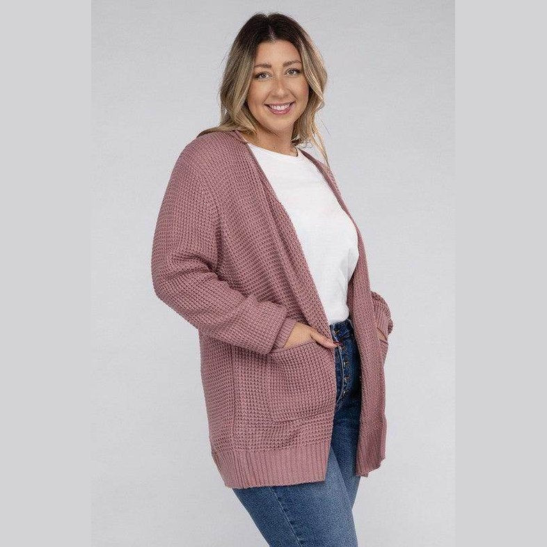 Plus Low Gauge Waffle Open Cardigan Sweater - VacationGrabs