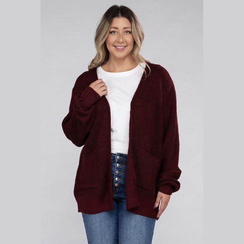 Plus Low Gauge Waffle Open Cardigan Sweater - VacationGrabs
