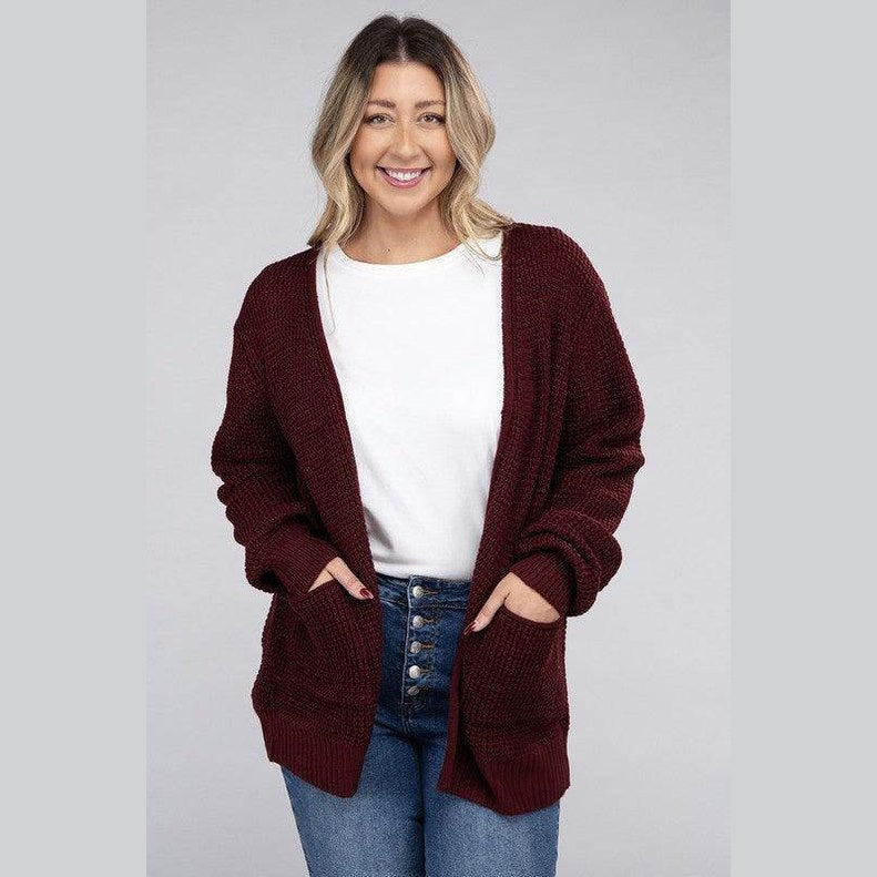 Plus Low Gauge Waffle Open Cardigan Sweater - VacationGrabs