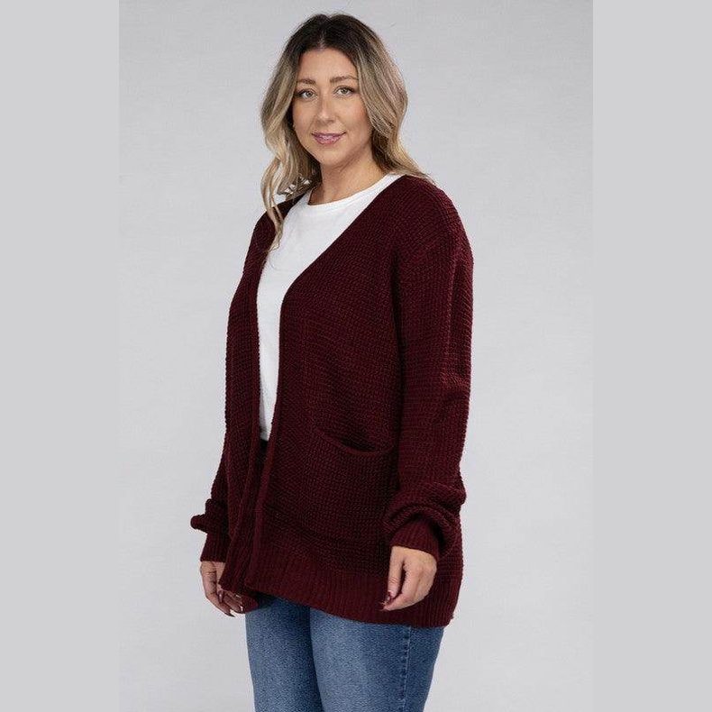 Plus Low Gauge Waffle Open Cardigan Sweater - VacationGrabs