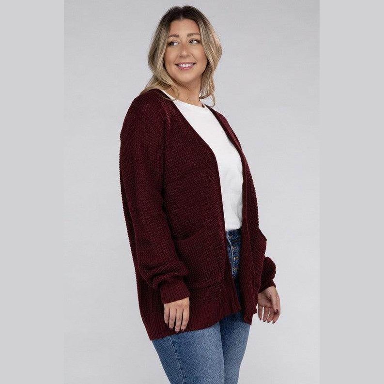Plus Low Gauge Waffle Open Cardigan Sweater - VacationGrabs
