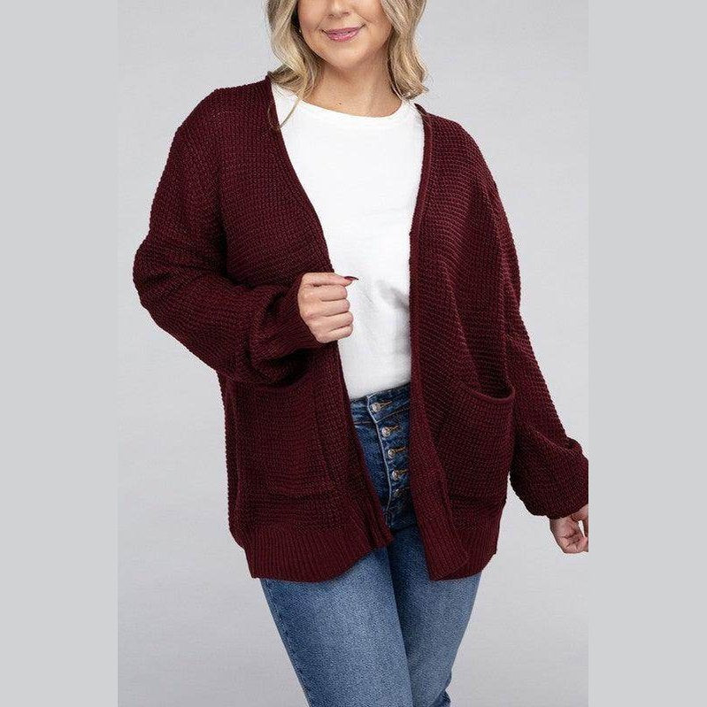 Plus Low Gauge Waffle Open Cardigan Sweater - VacationGrabs