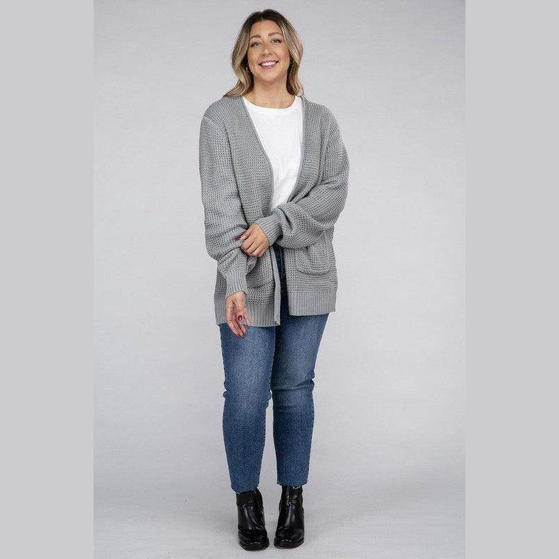 Plus Low Gauge Waffle Open Cardigan Sweater - VacationGrabs