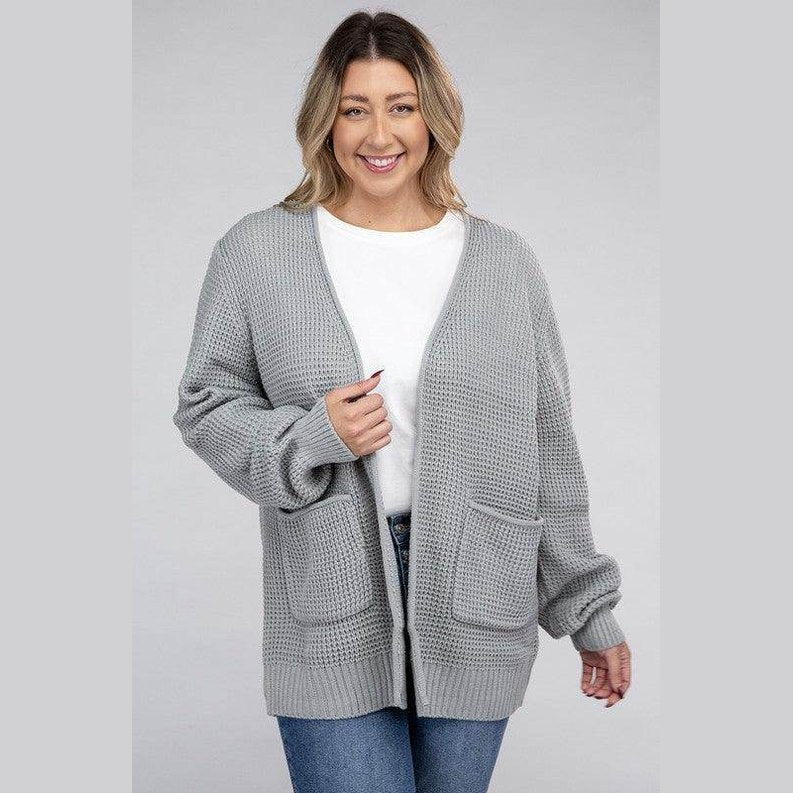 Plus Low Gauge Waffle Open Cardigan Sweater - VacationGrabs