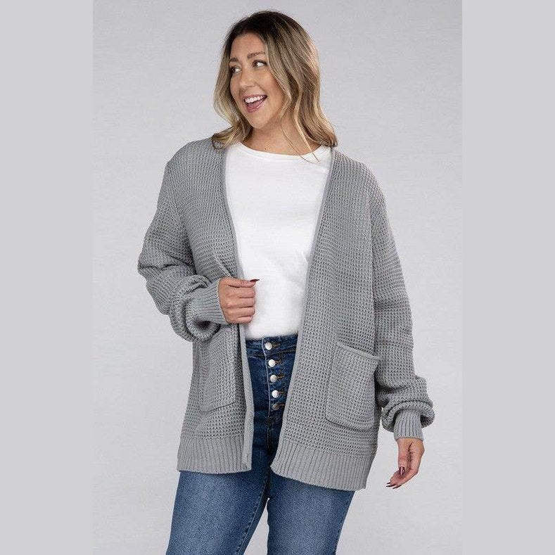 Plus Low Gauge Waffle Open Cardigan Sweater - VacationGrabs