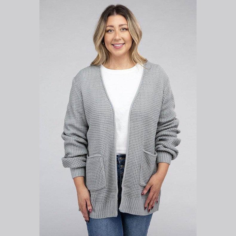Plus Low Gauge Waffle Open Cardigan Sweater - VacationGrabs