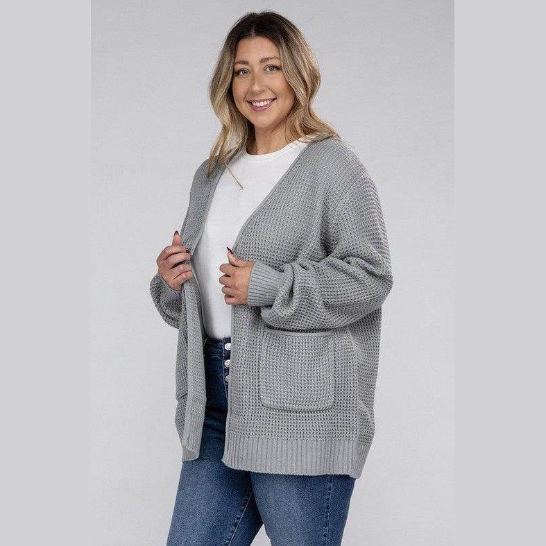 Plus Low Gauge Waffle Open Cardigan Sweater - VacationGrabs