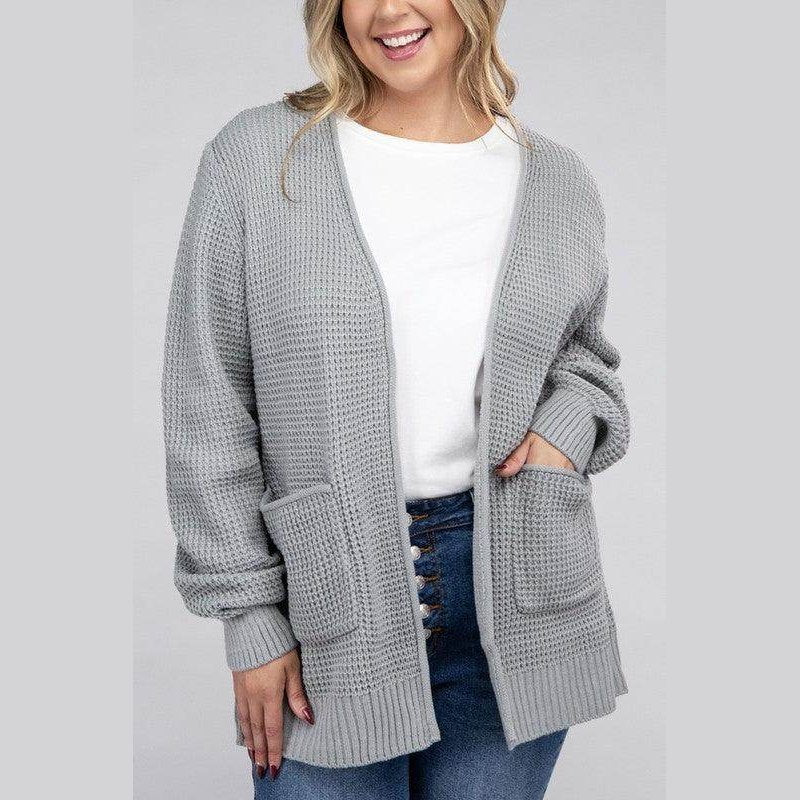 Plus Low Gauge Waffle Open Cardigan Sweater - VacationGrabs