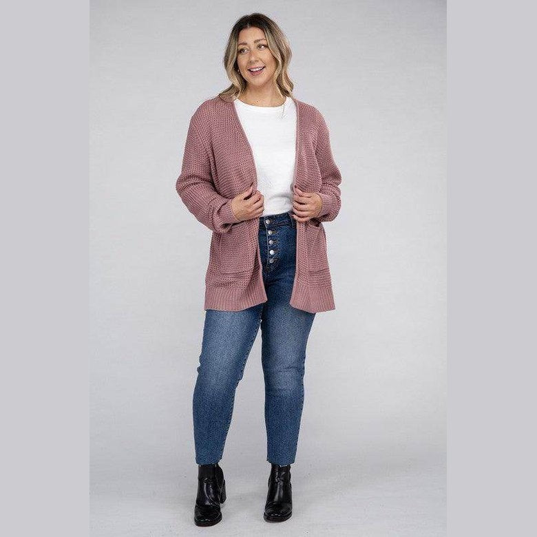 Plus Low Gauge Waffle Open Cardigan Sweater - VacationGrabs