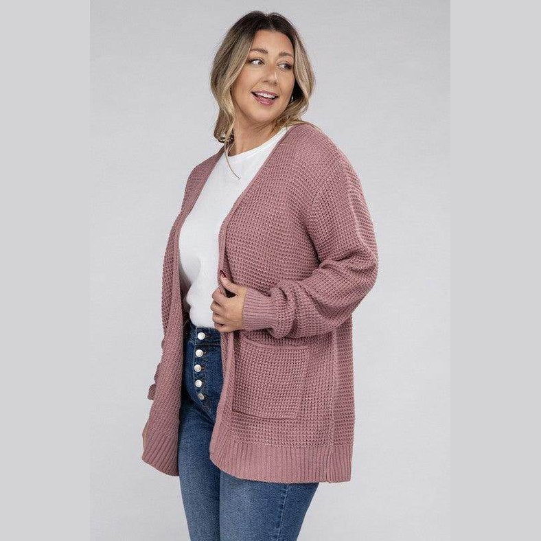 Plus Low Gauge Waffle Open Cardigan Sweater - VacationGrabs
