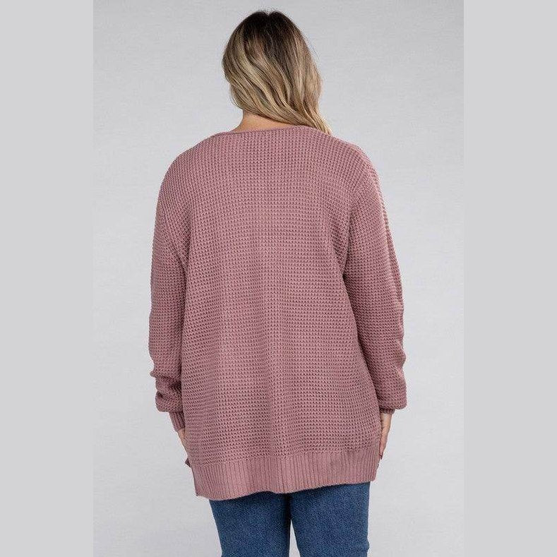 Plus Low Gauge Waffle Open Cardigan Sweater - VacationGrabs
