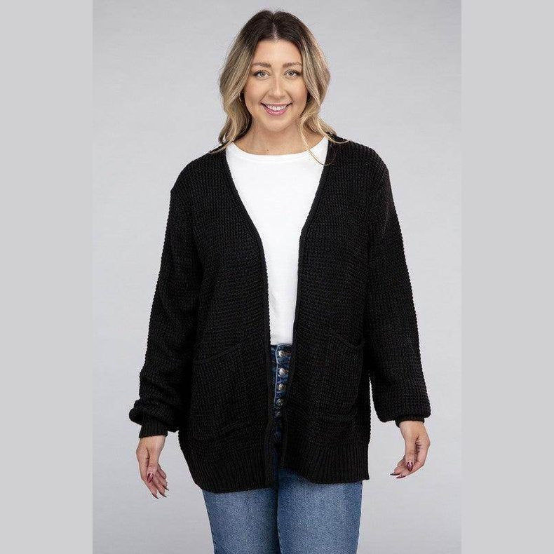 Plus Low Gauge Waffle Open Cardigan Sweater - VacationGrabs