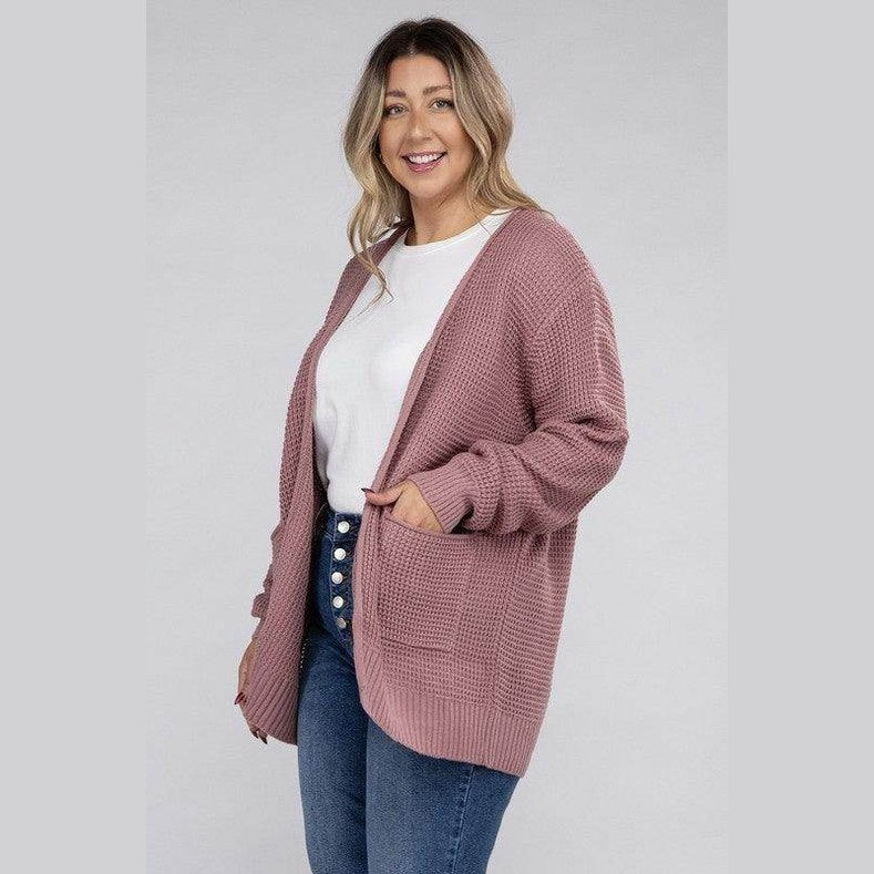 Plus Low Gauge Waffle Open Cardigan Sweater - VacationGrabs