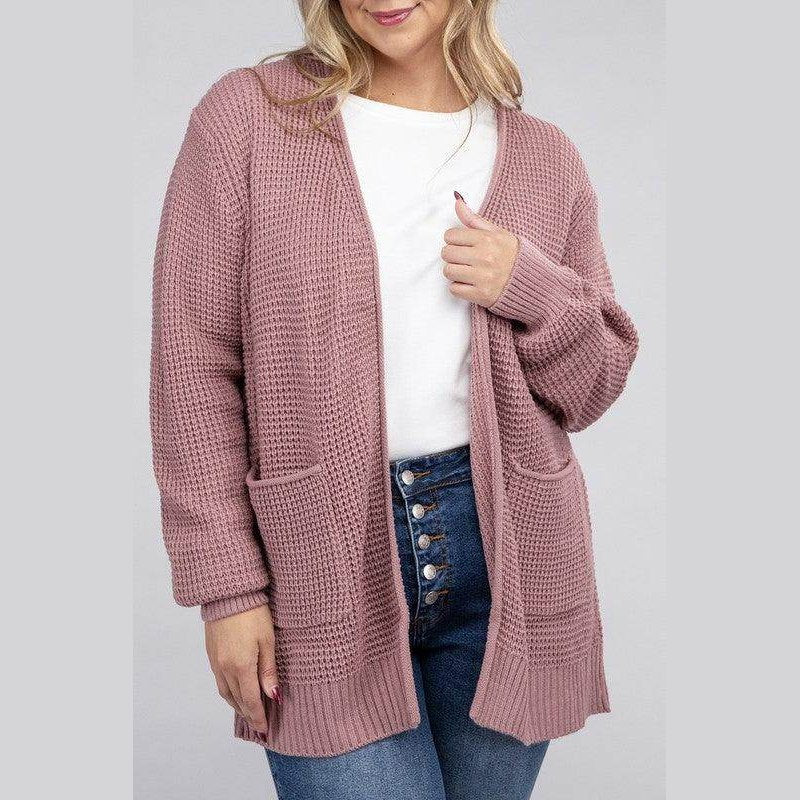 Plus Low Gauge Waffle Open Cardigan Sweater - VacationGrabs