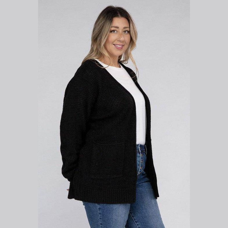 Plus Low Gauge Waffle Open Cardigan Sweater - VacationGrabs