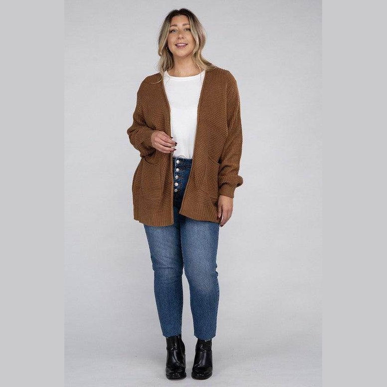 Plus Low Gauge Waffle Open Cardigan Sweater - VacationGrabs