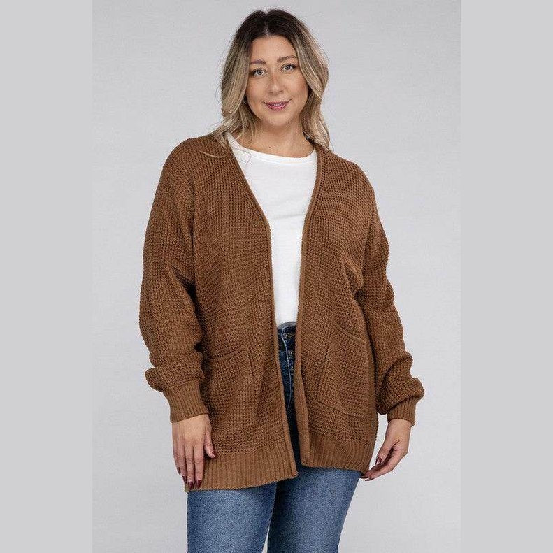 Plus Low Gauge Waffle Open Cardigan Sweater - VacationGrabs