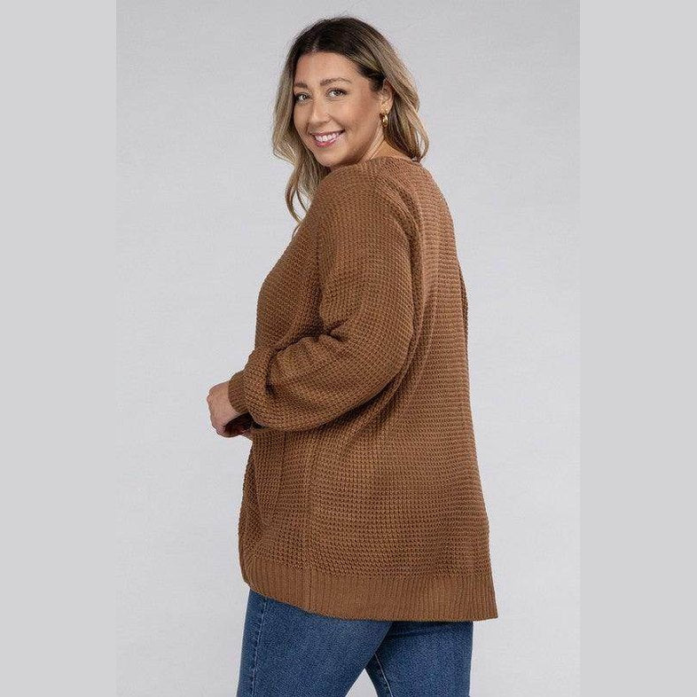 Plus Low Gauge Waffle Open Cardigan Sweater - VacationGrabs