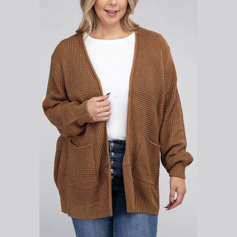 Plus Low Gauge Waffle Open Cardigan Sweater - VacationGrabs