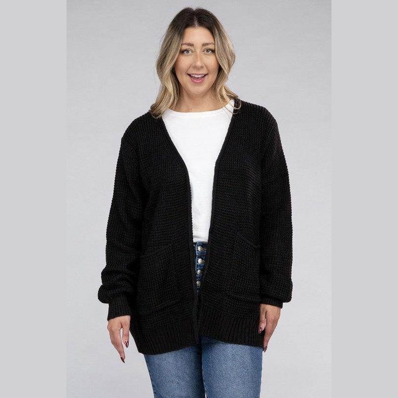 Plus Low Gauge Waffle Open Cardigan Sweater - VacationGrabs