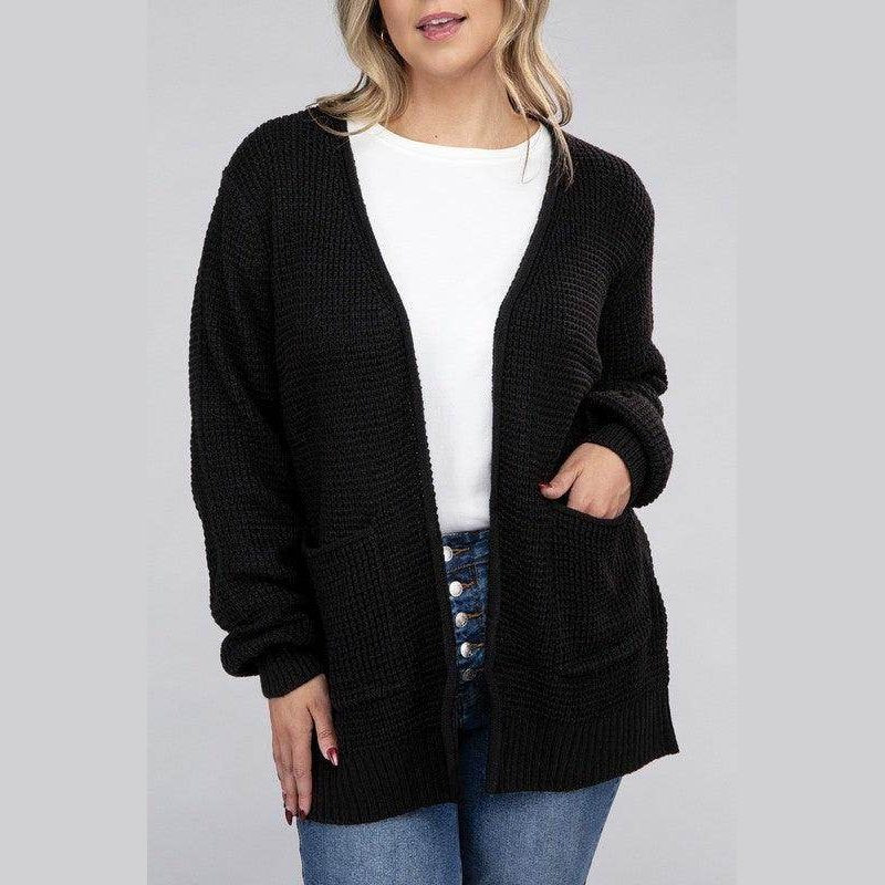 Plus Low Gauge Waffle Open Cardigan Sweater - VacationGrabs
