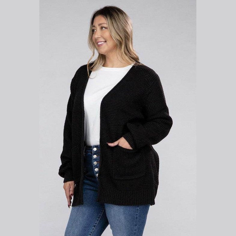 Plus Low Gauge Waffle Open Cardigan Sweater - VacationGrabs