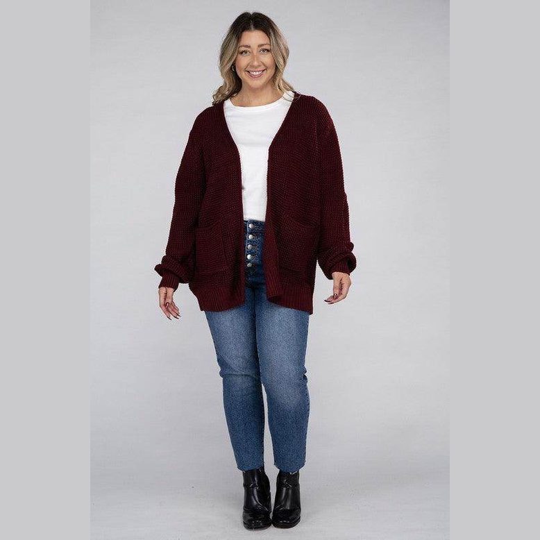 Plus Low Gauge Waffle Open Cardigan Sweater - VacationGrabs