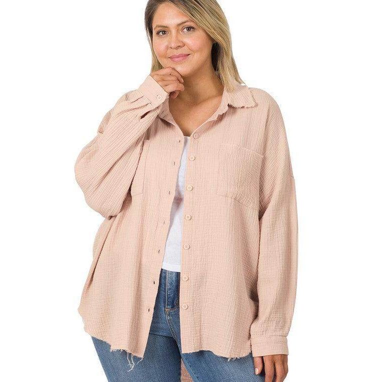 Plus Oversized Raw Edge Shirt - VacationGrabs