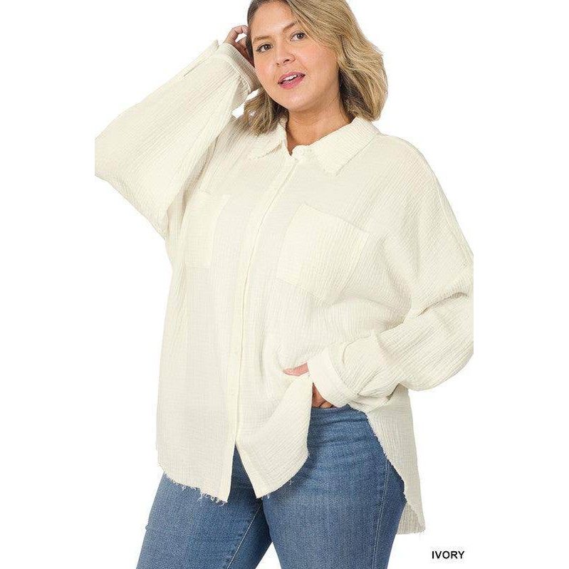 Plus Oversized Raw Edge Shirt - VacationGrabs
