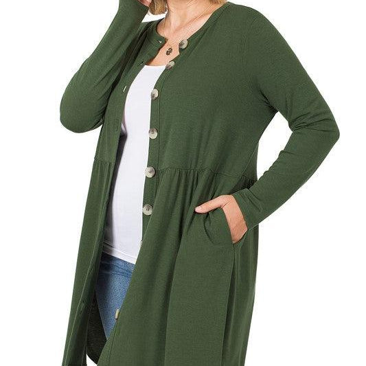 Women's Sweaters - Cardigans Plus Shirred Waist Buttoned Cardigan