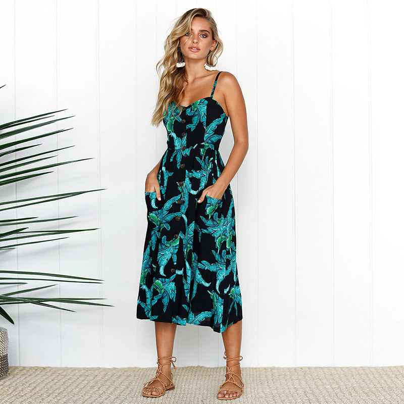 SHOMICOBOUTIQUE Plus Size Beach Dress for Women with Tropical Leaf Print and Pockets