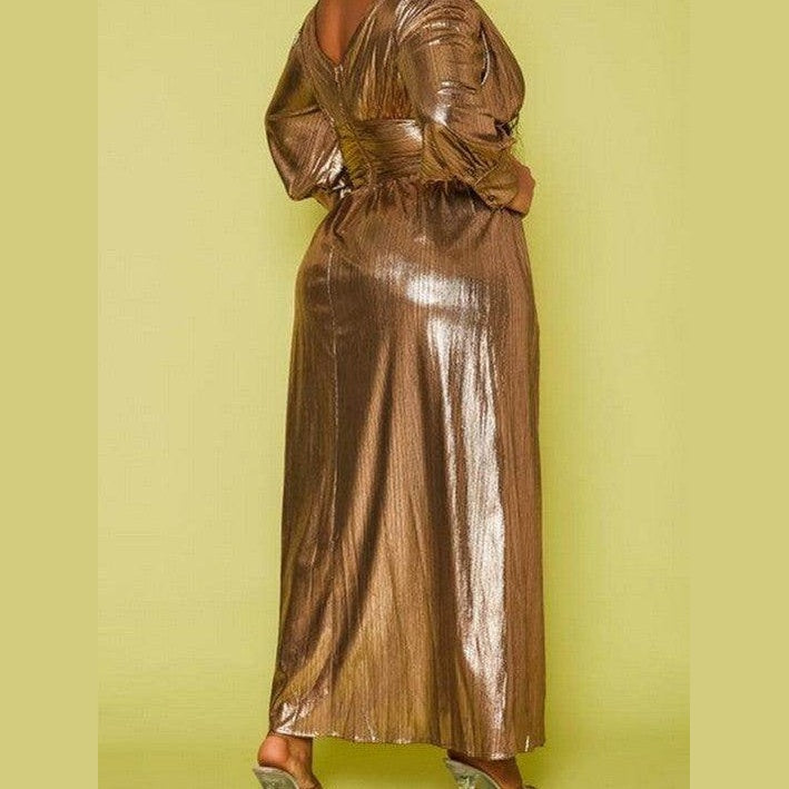 Stylish plus size bronze maxi dress by Qwasabee featuring a flattering silhouette and shimmering fabric