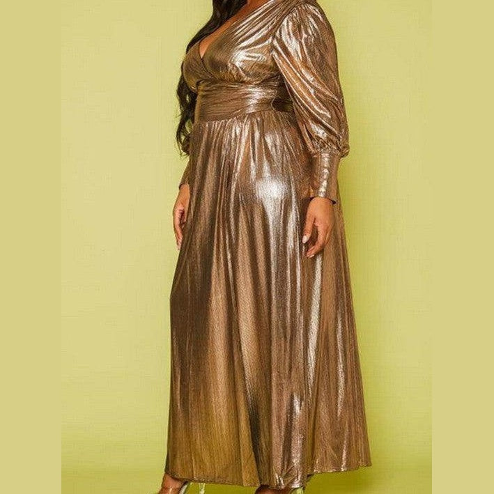 Plus size bronze maxi dress with a flattering wrap design and long sleeves for elegant occasions