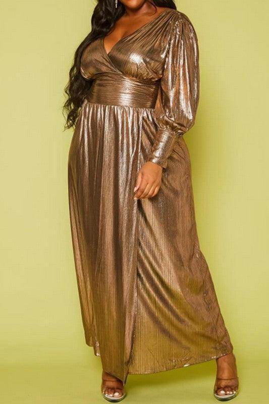 Plus size bronze maxi dress by Qwasabee featuring long sleeves and a flattering wrap design