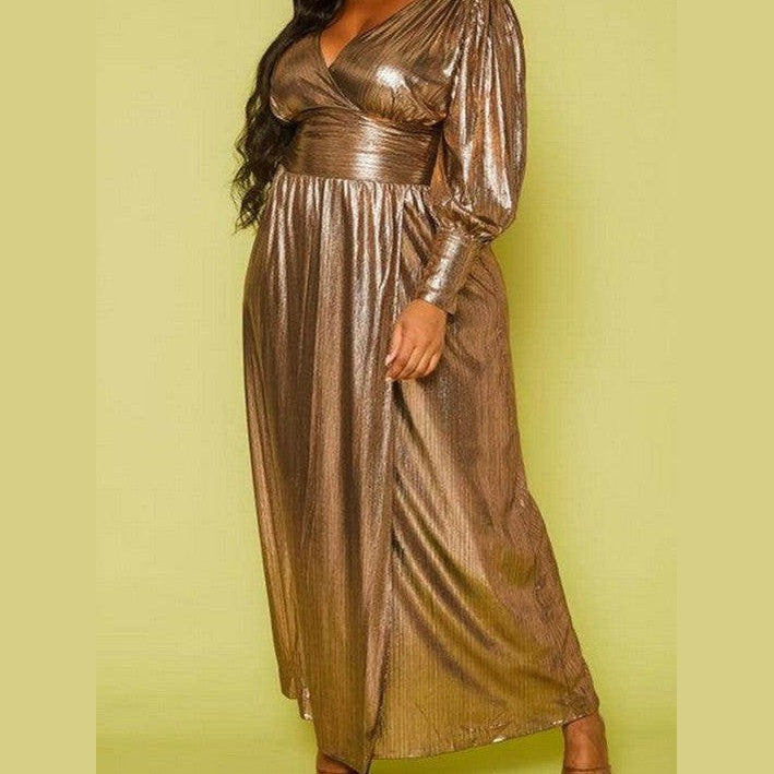 Plus size bronze maxi dress by Qwasabee featuring long sleeves and a flattering wrap design