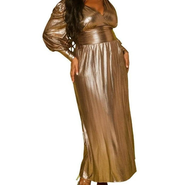 Stylish plus size bronze maxi dress with long puffed sleeves and a flattering waistline
