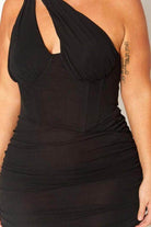 Qwasabee plus size bustier mini dress in black with fitted silhouette and stylish neckline