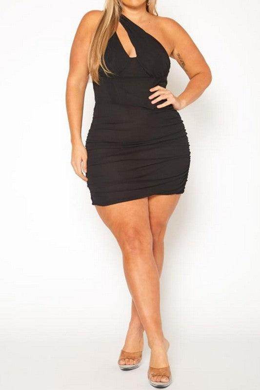 Qwasabee plus size bustier mini dress in black with stylish cutout and ruched design