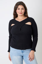Black ribbed plus size clothiers sweater with stylish cutouts